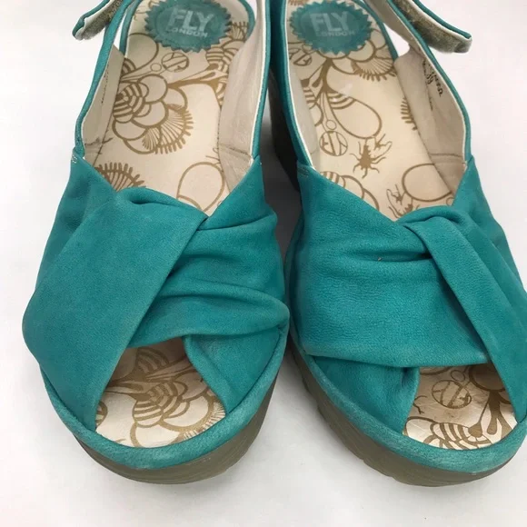 FLY LONDON Women's 39 8-8.5 Yakin Yata Knot Teal Suede Peep Toe Sling Back Wedge - Picture 2 of 10